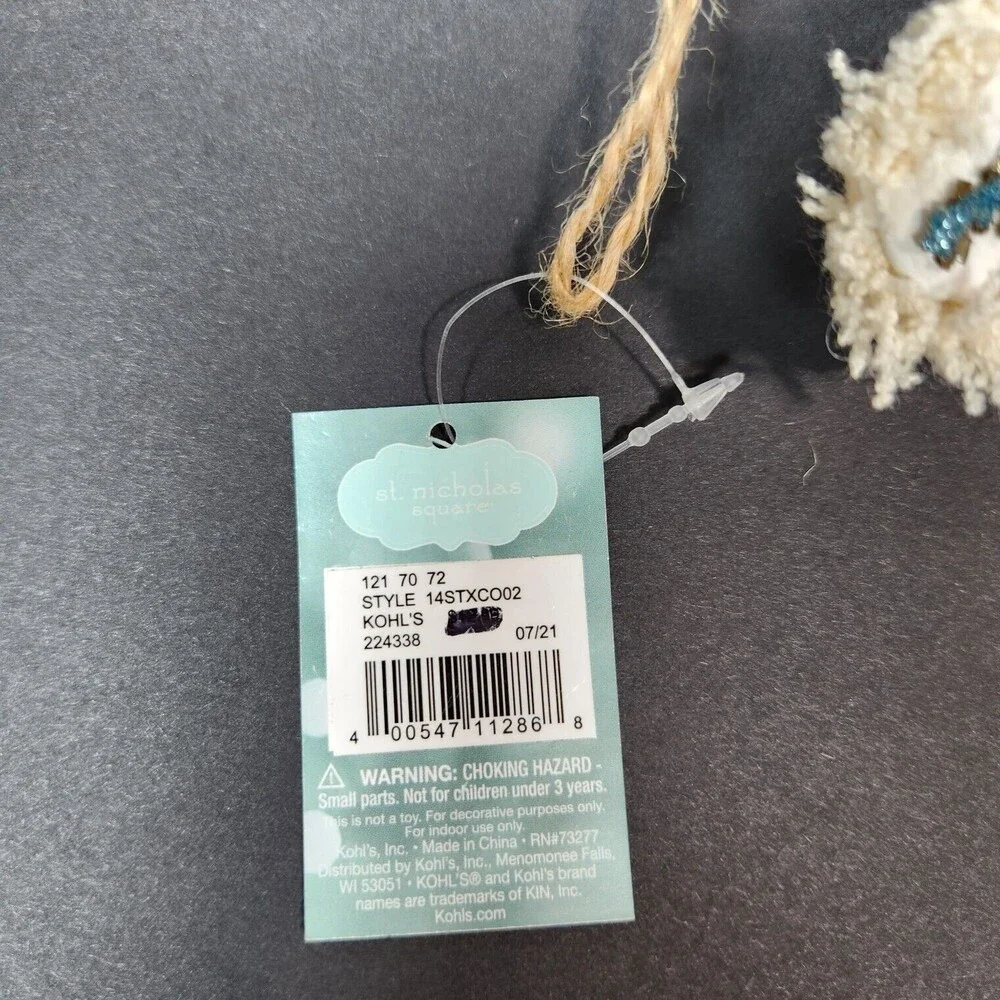 St Nicholas Square Starfish Ornament White Faux Leather Blue Glitter Fringed 6